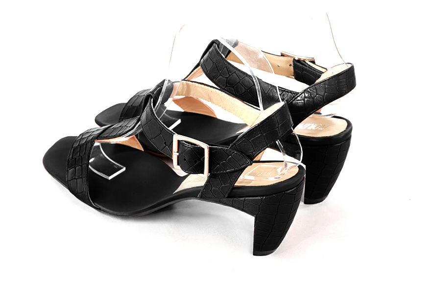 Women's satin black elegant fully open instep strap sandals. Square toe. Medium comma heels - Rear view